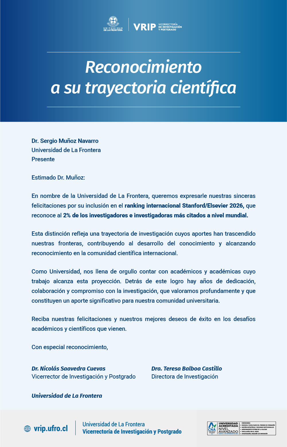 Carta oficial de la Vicerrectoría de Investigación y Postgrado de la Universidad de La Frontera, que felicita al Dr. Sergio Muñoz Navarro por su inclusión en el ranking Stanford/Elsevier 2026